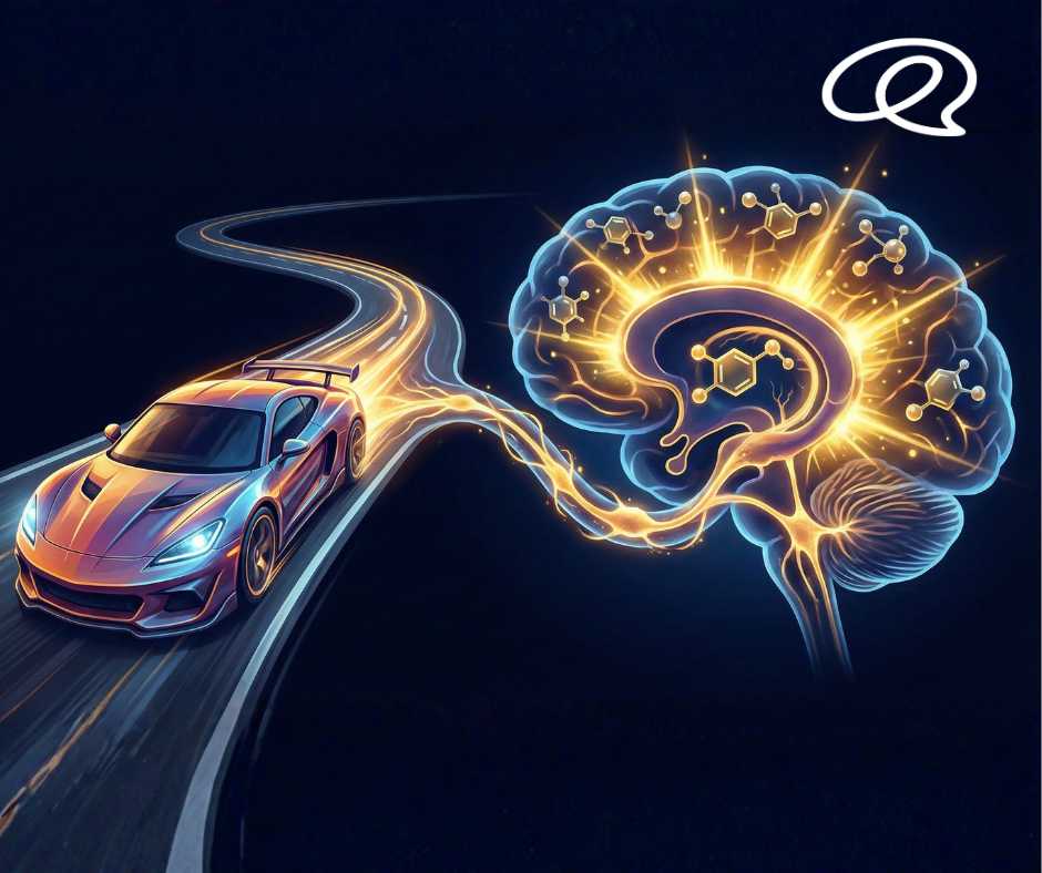 Illustrazione dinamica di un'auto sportiva che sfreccia su una strada luminosa che si trasforma in un percorso neurale collegato a un cervello umano, con esplosioni di luce che rappresentano il rilascio di dopamina.