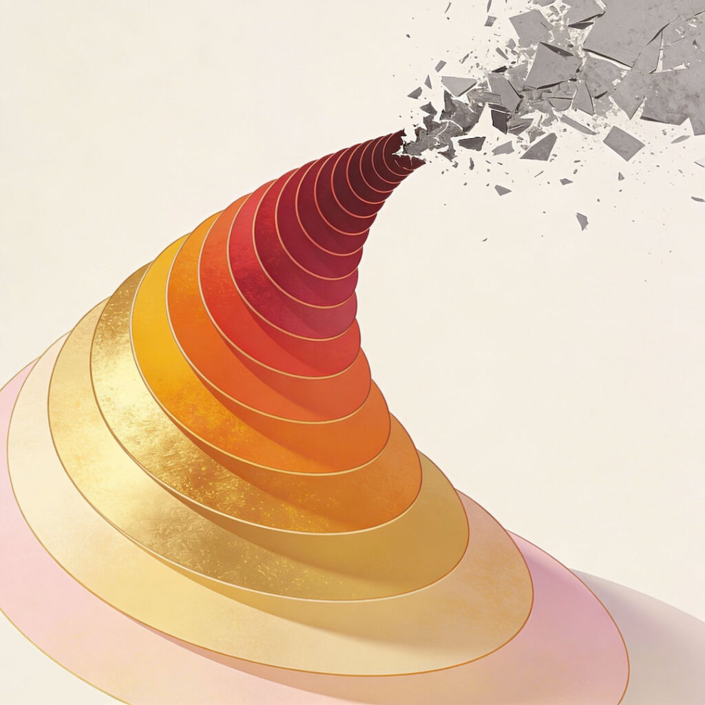 Composizione a spirale ascendente con forme circolari concentriche di dimensioni e intensità progressivamente crescenti; colori transizionano da pastelli pallidi alla base attraverso ori e cremisi brillanti al picco, fino a dissolversi in caos grigio al vertice, rappresentazione della escalation narrativa verso il collasso del sistema conversazionale