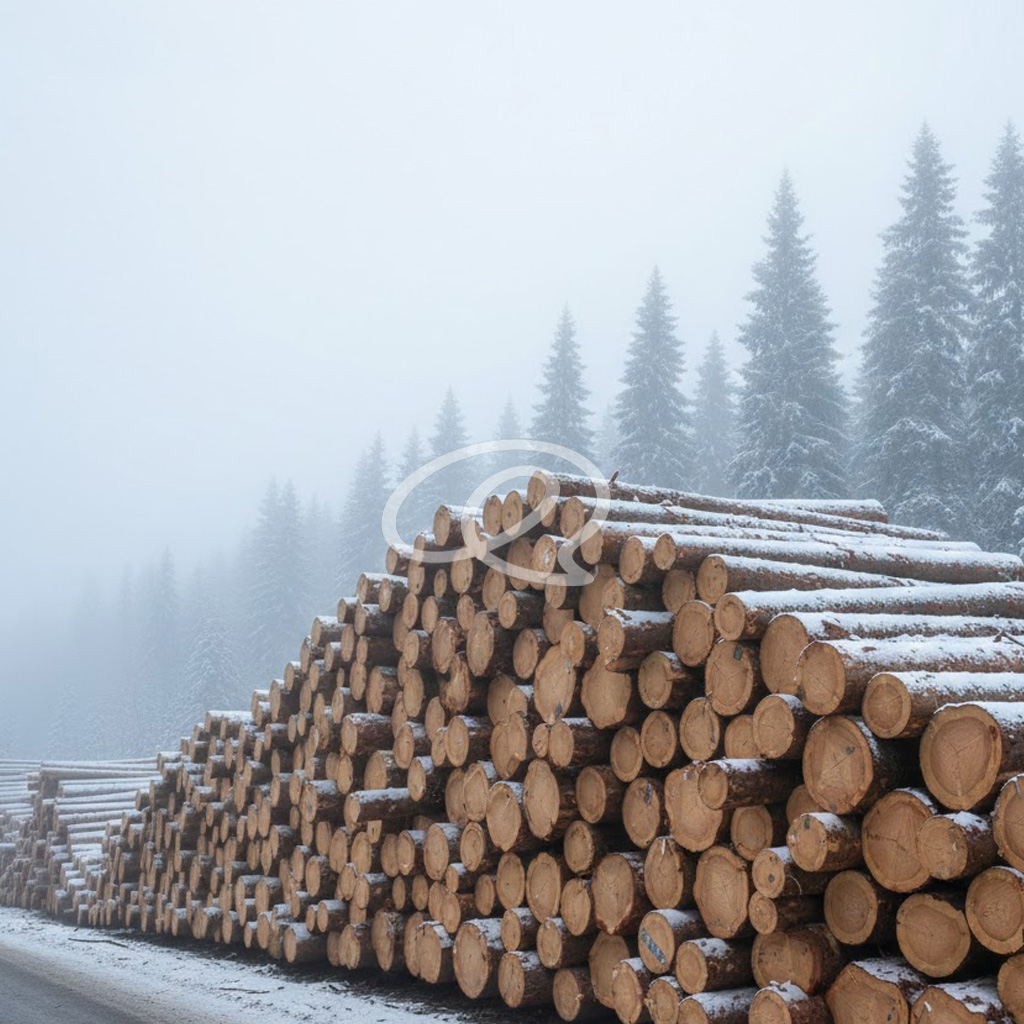 Cataste di tronchi di conifere tagliati in una foresta finlandese innevata, simbolo della materia prima per la carta NBSK.