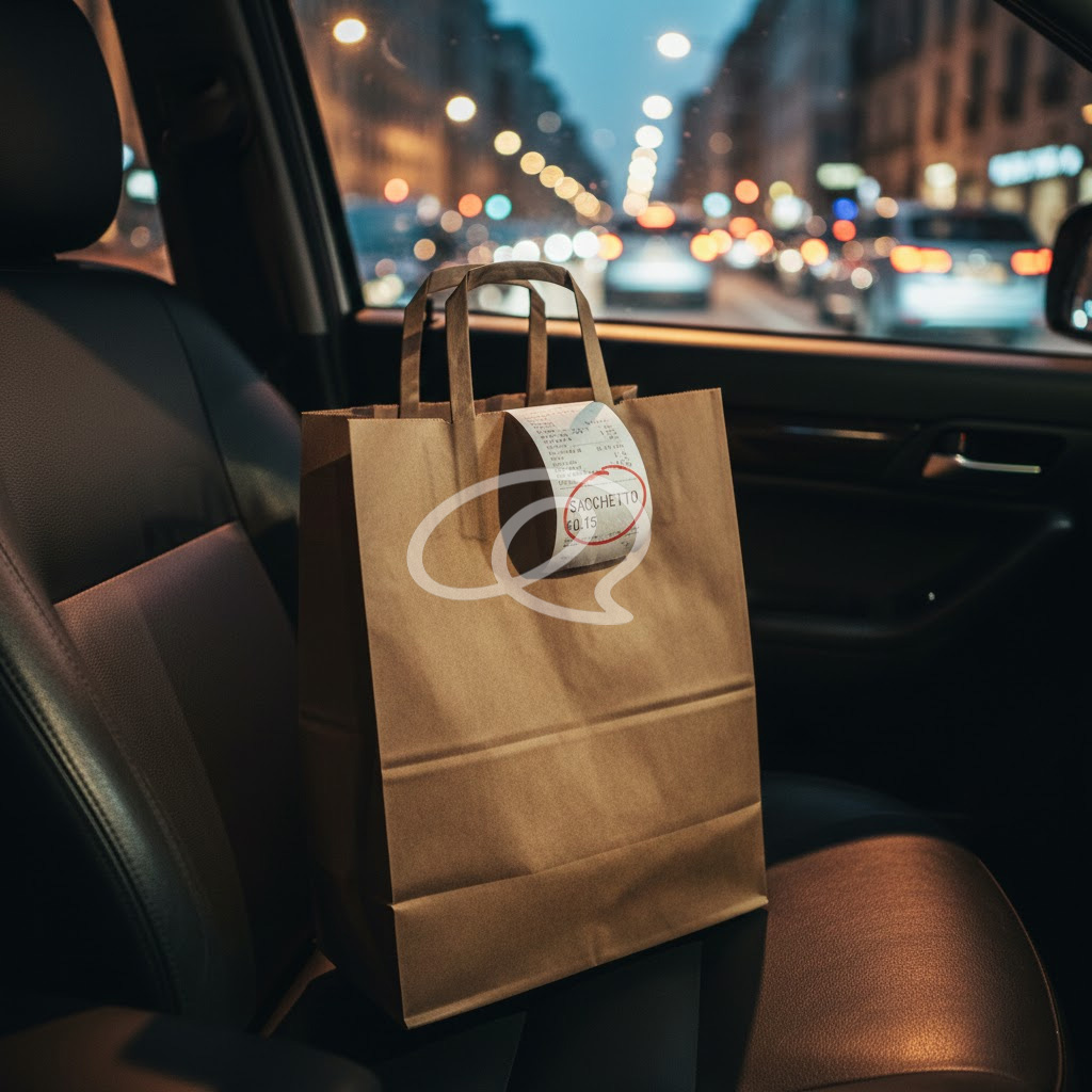 Scontrino McDonald's con addebito sacchetto 0,15 euro su sedile auto, focus su costo packaging.