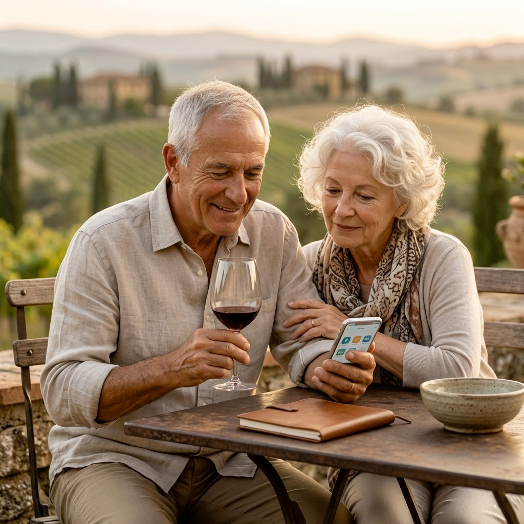 Una coppia senior italiana sorridente, seduta su una terrazza in Toscana al tramonto, guarda un'app di viaggi su uno smartphone, senza testo visibile.