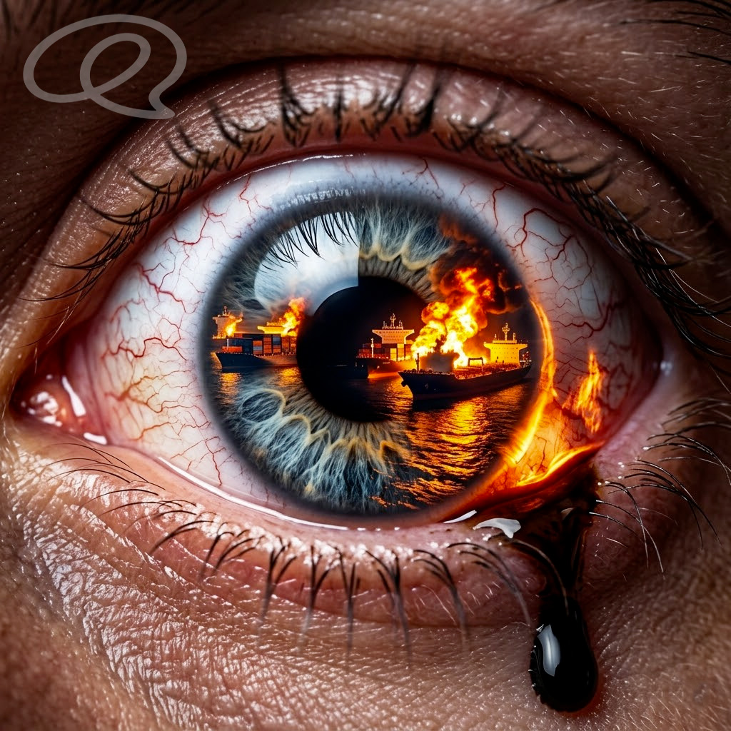 Esplosione realistica di una conduttura industriale con fuoriuscita di petrolio nero e luci d'emergenza rosse, metafora della vulnerabilità dei sistemi complessi.