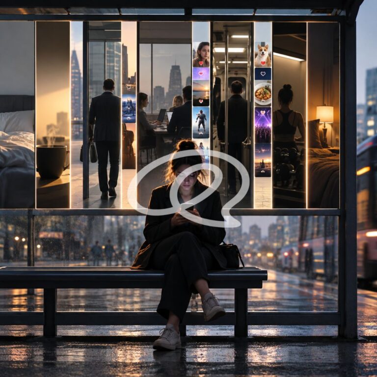 Persona alla fermata dell’autobus usa lo smartphone mentre gli interstizi della giornata diventano occasioni di consumo digitale.