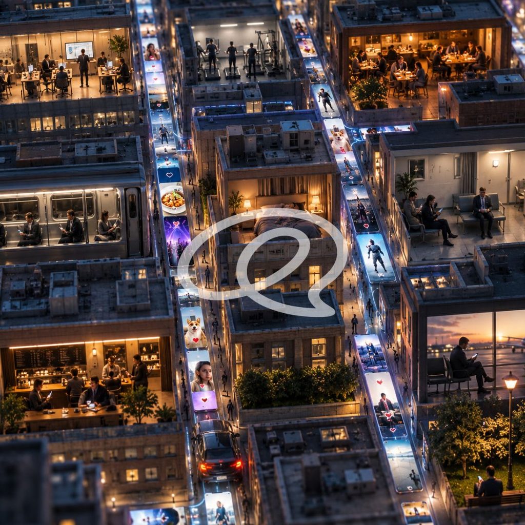 Città vista dall’alto in cui contenuti digitali occupano gli spazi tra lavoro, trasporti, attese e attività quotidiane.