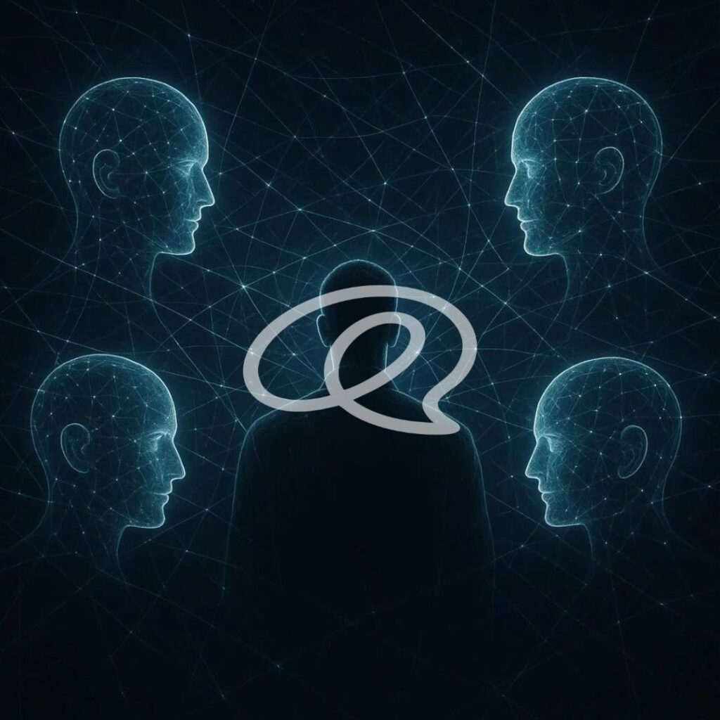 Volti umani collegati a un sistema algoritmico, rappresentazione dell'influenza dell'intelligenza artificiale sui giudizi.