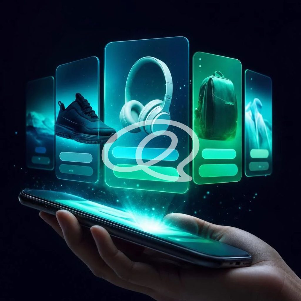 Mano che seleziona un prodotto tra diverse raccomandazioni digitali, rappresentazione del processo decisionale con l'intelligenza artificiale.