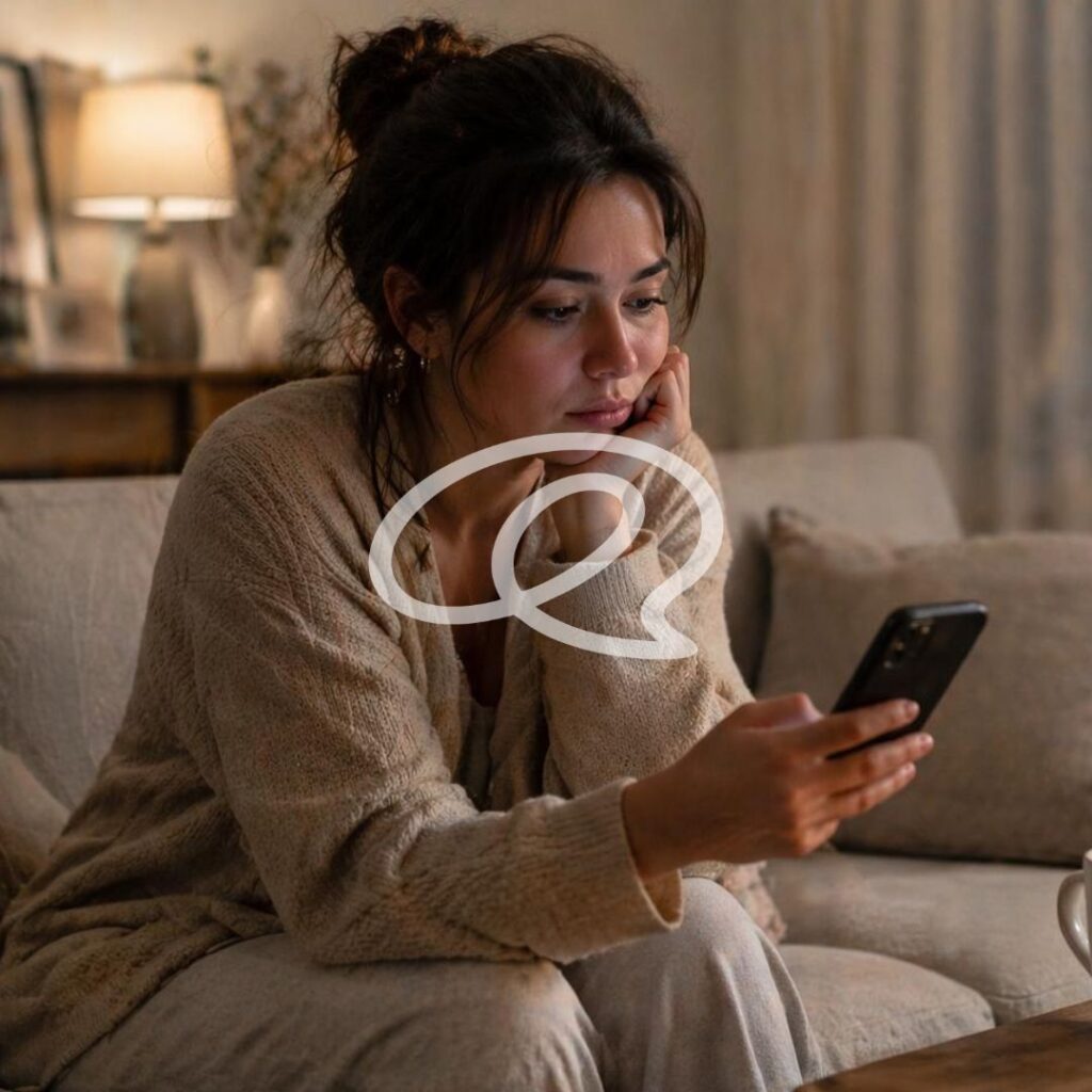 Donna pensierosa che consulta un assistente AI sullo smartphone, riflettendo su una situazione personale.