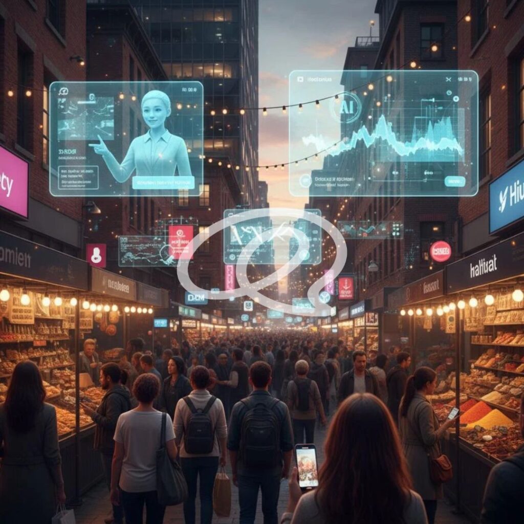 Folla in una strada commerciale con suggerimenti digitali di prodotti, simbolo della possibile convergenza delle preferenze dei consumatori.